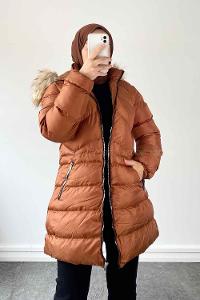 Lamelif Kapüşonu Kürk Detaylı Şişme Mont Taba