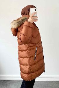 Lamelif Kapüşonu Kürk Detaylı Şişme Mont Taba