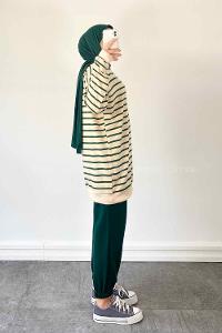 Lamelif Daisy  Bisikilet Yaka Çizgili Tesettür Takım Zümrüt