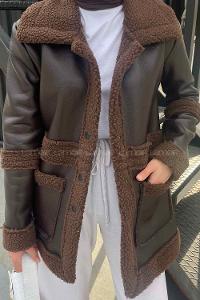 Bitter Brown Lower V Neck Faux Leather Coat