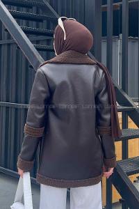 Bitter Brown Lower V Neck Faux Leather Coat