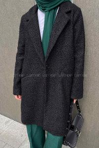 Lamelif Valeria Tek Düğmeli Peluş Kaban Siyah