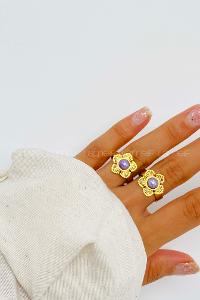 Lamelif Yüksek Kalite Çelik(316L) Gold Lila Çiçek Yüzük