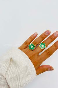 Lamelif Yüksek Kalite Çelik(316L) Gold Yeşil Yonca Yüzük