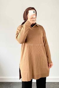 Camel Shirt Collar Knitwear Tunic