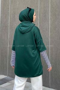 Lamelif Kolu Çizgi Detaylı  Kapüşonlu Sweat Zümrüt
