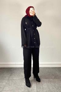 Black Shirt Collar Long Arm Belted Buckle Crepe Fabric Regular Trousers Comfortable Suit