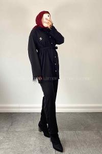 Black Shirt Collar Long Arm Belted Buckle Crepe Fabric Regular Trousers Comfortable Suit