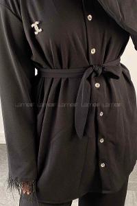 Black Shirt Collar Long Arm Belted Buckle Crepe Fabric Regular Trousers Comfortable Suit