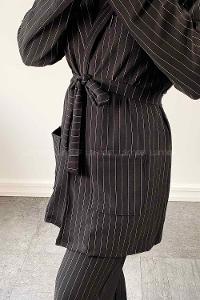 Black V Neck Long Arm Belted Crepe Fabric Regular Trousers Comfortable Suit