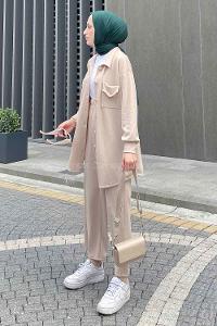 Modalamelif Emma Fitilli Gömlek Takım Taş rengi