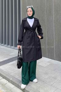 Lamelif  Guevara Kol Büzgülü Trençkot Siyah