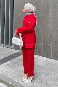 Red Shirt Collar Long Arm Belted Buckle Crepe Fabric Regular Trousers Comfortable Suit