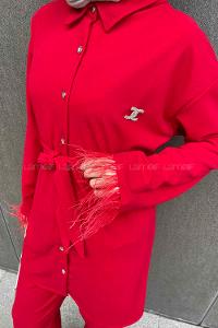 Red Shirt Collar Long Arm Belted Buckle Crepe Fabric Regular Trousers Comfortable Suit
