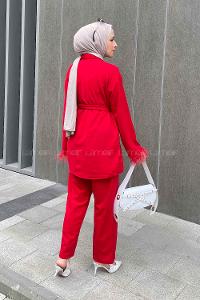 Red Shirt Collar Long Arm Belted Buckle Crepe Fabric Regular Trousers Comfortable Suit