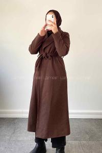 Lamelif Kuşak Bağlamalı Kaşe Kaban Acı Kahve