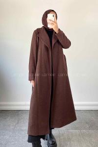 Lamelif Kuşak Bağlamalı Kaşe Kaban Acı Kahve