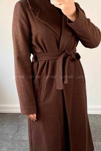 Lamelif Kuşak Bağlamalı Kaşe Kaban Acı Kahve