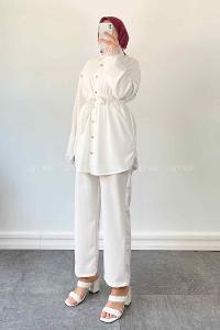 White Shirt Collar Long Arm Belted Buckle Crepe Fabric Regular Trousers Comfortable Suit