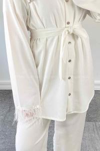 White Shirt Collar Long Arm Belted Buckle Crepe Fabric Regular Trousers Comfortable Suit