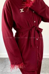 Claret Red Shirt Collar Long Arm Belted Buckle Crepe Fabric Regular Trousers Comfortable Suit
