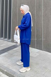 Modalamelif Emma Fitilli Gömlek Takım Saks mavisi