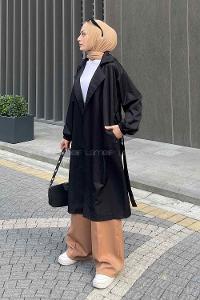 Black Balloon Sleeve Arm Belted Poplin Fabric Trench Coat