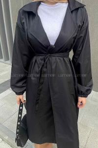 Black Balloon Sleeve Arm Belted Poplin Fabric Trench Coat