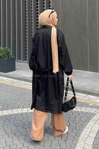 Black Balloon Sleeve Arm Belted Poplin Fabric Trench Coat