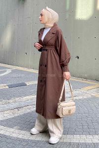 Lamelif Önü Düğmeli Mevsimlik Trençkot Kahverengi