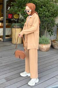 Modalamelif Emma Fitilli Gömlek Takım Camel