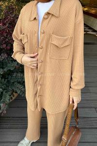 Modalamelif Emma Fitilli Gömlek Takım Camel