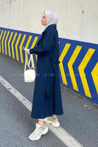 Navy Blue Balloon Sleeve Arm Belted Parachute Fabric Trench Coat