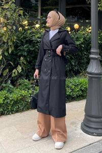 Lamelif Dina Önü Düğmeli Trençkot Siyah