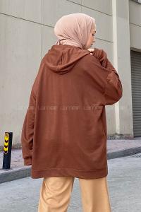 Lamelif Etek Ve Kol Ucu Manşetli Kapüşonlu Sweatshirt Acı Kahve