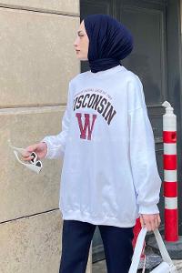 White Crew Neck Long Arm Printed Sweatshirt