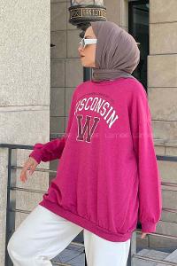 Fuchsia Crew Neck Long Arm Printed Sweatshirt