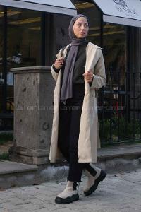 Lamelif Cuerpo Çizgi Detaylı Trençkot Taş Rengi