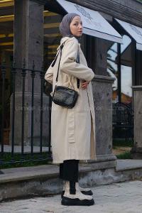 Lamelif Cuerpo Çizgi Detaylı Trençkot Taş Rengi