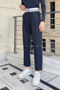 Navy Blue Wool High Waist Linen Pants