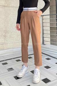 Lamelif Garnili Bel Detaylı Palazzo Keten Pantolon Sütlü Kahve