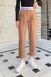 Lamelif Garnili Bel Detaylı Palazzo Keten Pantolon Sütlü Kahve