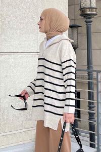 Lamelif Fermuarlı Çizgili  Uzun Kazak Bej -Siyah