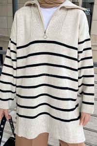 Lamelif Fermuarlı Çizgili  Uzun Kazak Bej -Siyah