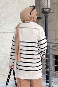 Lamelif Fermuarlı Çizgili  Uzun Kazak Bej -Siyah