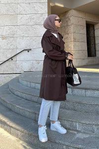 Lamelif Flotalı Apoletli Trençkot Kahverengi