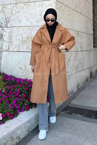 Brown With Milk Lower V Neck Long Arm Stamp Fabric Coat