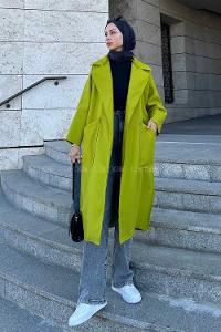 Oil Green Lower V Neck Long Arm Stamp Fabric Coat