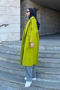 Oil Green Lower V Neck Long Arm Stamp Fabric Coat