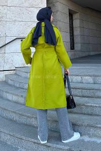 Oil Green Lower V Neck Long Arm Stamp Fabric Coat